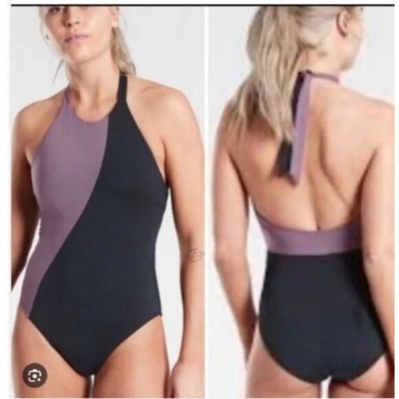 Athleta Womens Halter One-Piece Swimsuit Black Purple Color block size small S - Picture 6 of 6